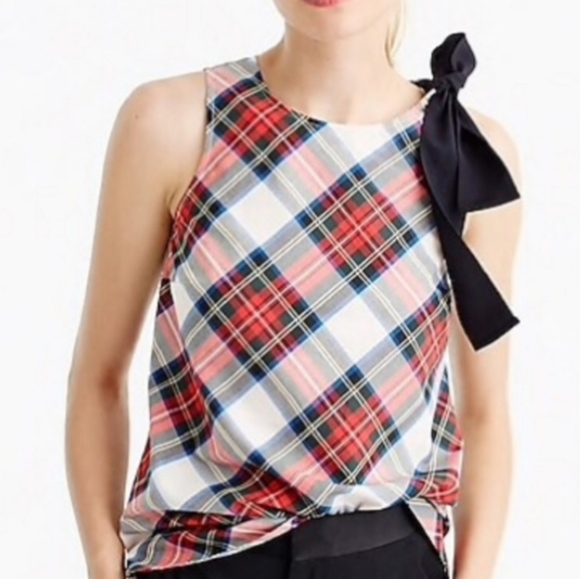 J. Crew Plaid Ribbon Shoulder Sleeveless Blouse Top Size 4 - Picture 2 of 7
